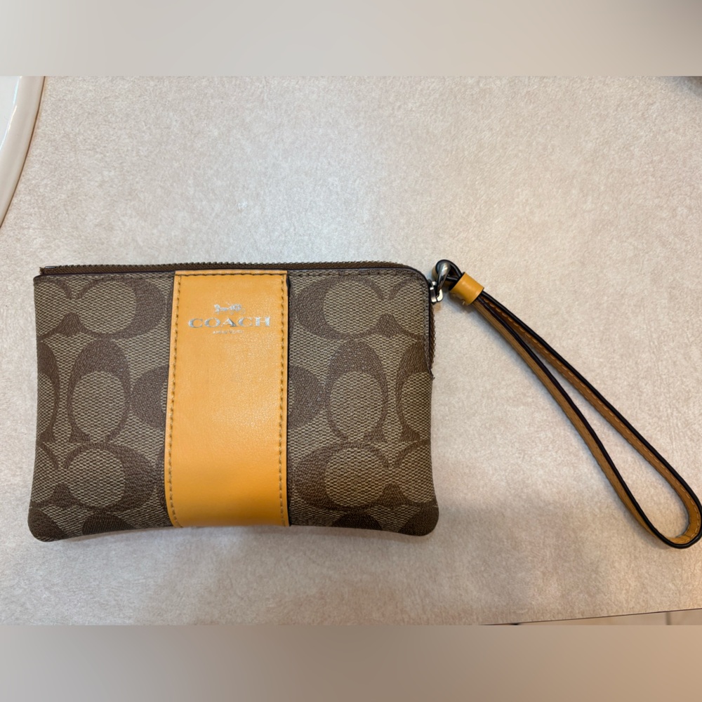 Coach Signature Brown and Yellow Wristlet